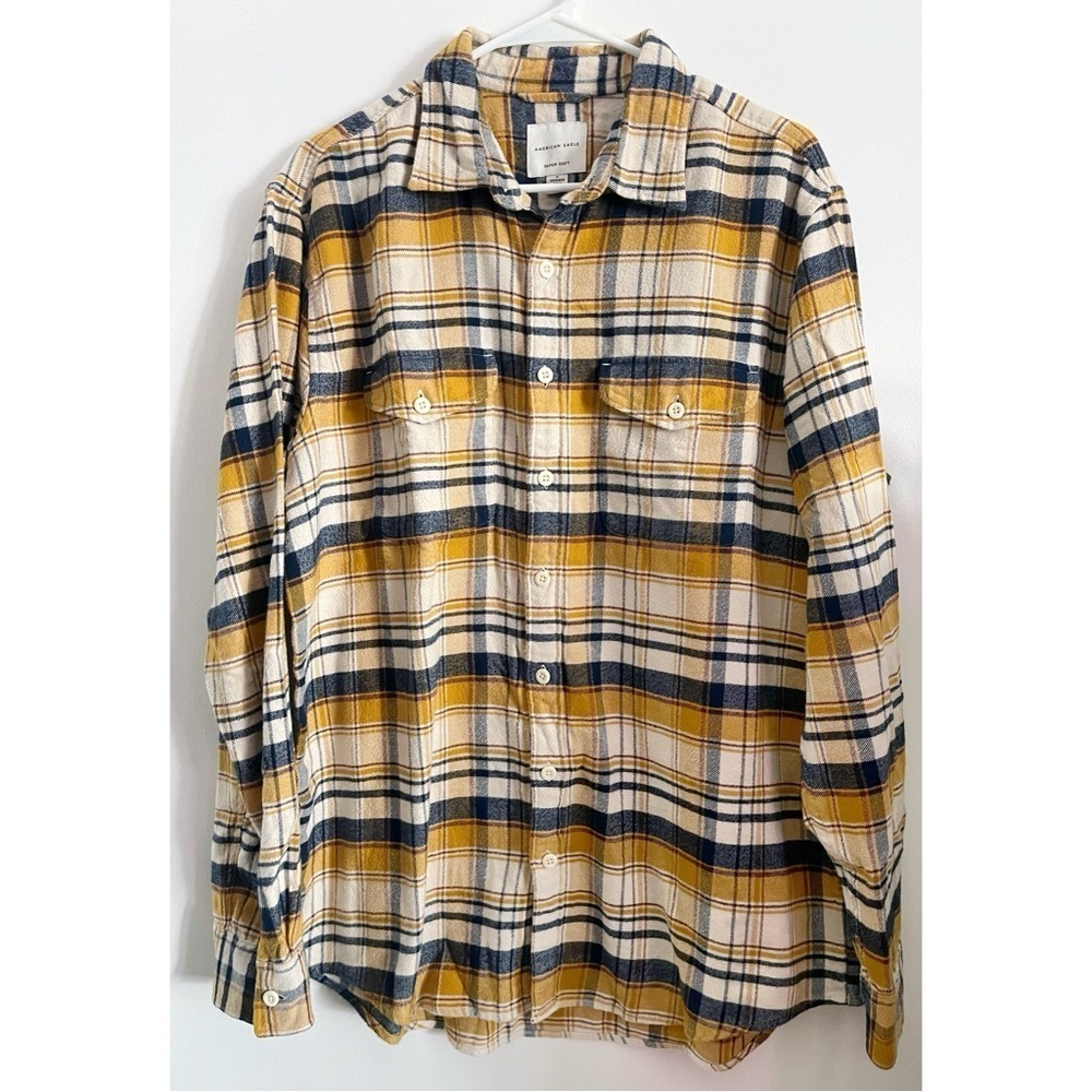 American Eagle Outfitters • Yellow and Navy Blue Plaid Shirt Large Tall